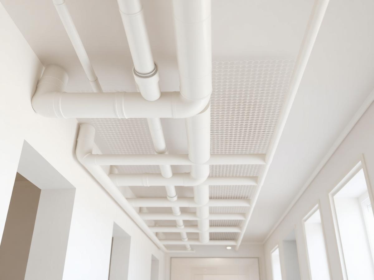 Vit rörinklädnad över sprinklerrör i ett tak